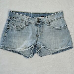 VTG Y2K Bongo Low Rise Light Wash Denim Micro Mini Shorts Size 3 Booty Frayed
